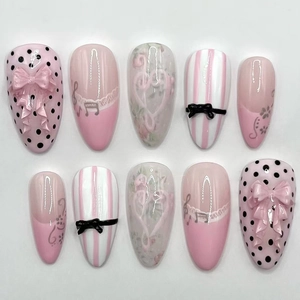 Press On Nails Almond Shape Pink White Black With 3D Bows Polka Dots Musical Notes French Style Sweet False Nails
