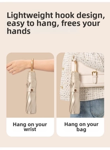 Detail of champagne gold umbrella with curved metal handle hanging on wrist and white handbag