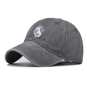 Charcoal grey washed cotton baseball cap with white butterfly and flame embroidery