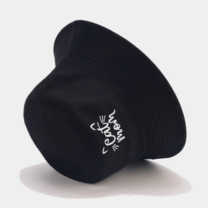 Stylish black cotton bucket hat featuring white Cat Mom embroidery for summer sun protection