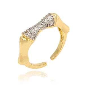 Adjustable gold bone-shaped ring with pavé sparkling stones on a clean white background