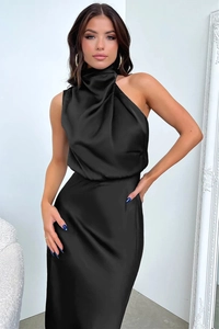 Close-up of elegant black satin halter neck dress with smooth glossy silk texture