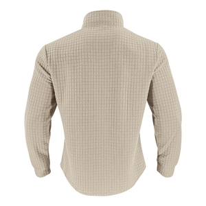 Detailed back view of light brown textured waffle knit fabric on quarter-zip sweatshirt