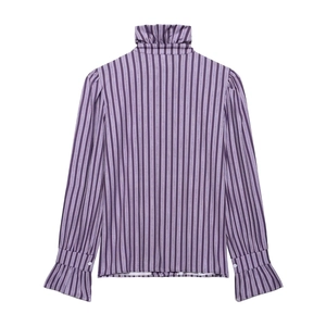 Purple striped long sleeve blouse with elegant ruffle high neck and flared cuffs