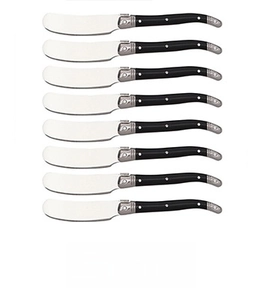Laguiole style black butter knives with stainless steel blades and three-rivet handles