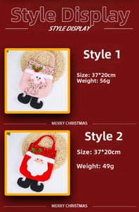Detail of Christmas stocking gift bags featuring sequined Santa and snowman designs