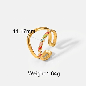 Detail of 18K gold-plated double-layer ring featuring colorful rainbow enamel twist