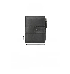Detailed view of black PU leather wallet showing precise 12.5x9.5x2cm dimensions and layout