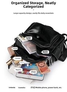 Macro view showing the large capacity of this black leather backpack with daily essentials