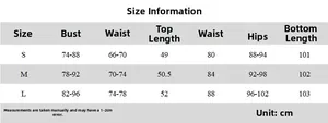 Size chart for backless lace jumpsuit and slit skirt set in centimeters for S, M, L