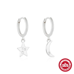 S925 sterling silver hoop earrings with zircon studded star and crescent moon pendants