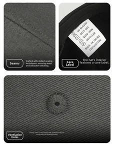 Detail of 100% cotton baseball cap showing reinforced stitching and interior wash label