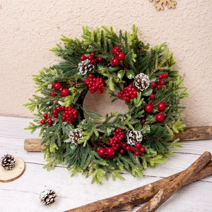 Christmas Wreath Artificial Pine Needles Red Berries Snow Pinecones Front Door Wall Hanging Winter Holiday Home Decor