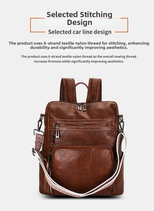 Detail of vintage brown PU leather backpack with contrasting white nylon stitching