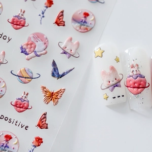 Autocollants ongles 5D japonais gaufrés avec lapins et étoiles mignons et texture en relief