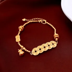 24K gold plated beaded bracelet with Five Emperor coins and a hollow gourd charm