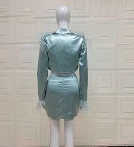 Vue arrière d'un ensemble en satin vert menthe avec plumes élégantes et jupe taille haute