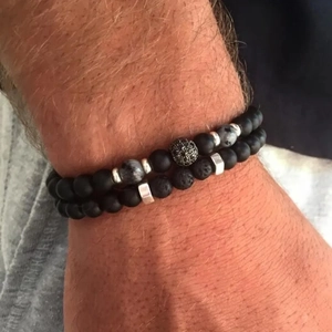 Men's 2-piece bracelet set with 8mm lava rock and tiger eye beads on wrist