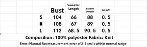 Detailed size chart for women high collar knit sweater showing bust and length measurements