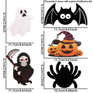 Detailed view of Halloween DIY stickers showing bats ghosts and pumpkins with dimensions