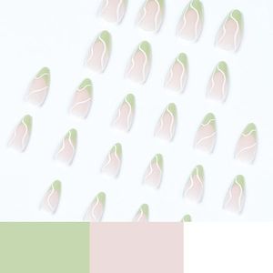 French tip press-on nails in matte green and white waves almond shape design set