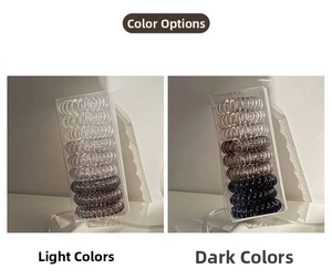 Detail of spiral hair ties in light and dark grey gradient sets in acrylic boxes