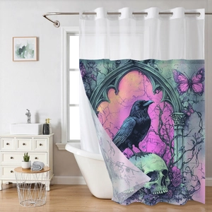 Detail of waffle weave shower curtain featuring a gothic crow on skull and floral pattern