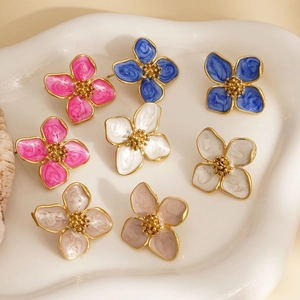 Boucles d'oreilles fleurs rétro françaises en acier inoxydable 316L et émail coloré