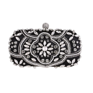 Elegant black beaded evening clutch bag with sparkling crystals and floral patterns