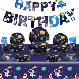 Detailed set of space theme birthday party supplies including plates, cups and banners