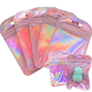 Pink laser holographic resealable packaging bags with rainbow gloss for jewelry items