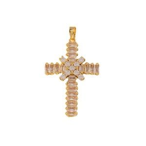 Gold plated copper cross pendant with sparkling zircon stones on a white background