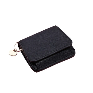 Minimalist black pebble leather short wallet for women with golden charm keychain