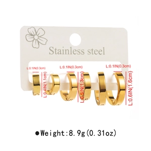 Three pairs of polished gold stainless steel hoop earrings in 1.1cm, 1.3cm and 1.6cm sizes