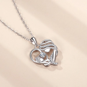 S925 sterling silver heart necklace with mother and child silhouette and clear gemstone
