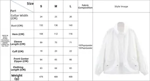 Size chart for women's high collar cargo jacket with detailed polyester measurements