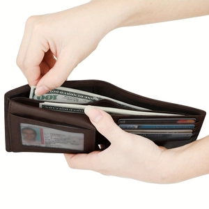 Dark brown leather bifold wallet for men showing interior card slots and cash pocket