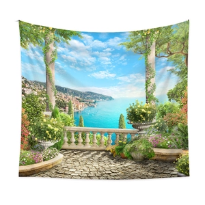 Detail of Mediterranean landscape tapestry showing floral balcony and sea view
