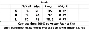 Size chart showing waist, hips, and length for women's knit cardigan and skirt set