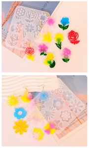 Detailed view of flower-shaped silicone molds and colorful resin earrings handmade crafts