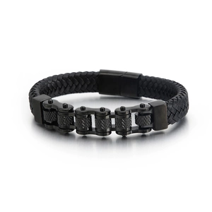 Men's black woven leather bracelet with stainless steel industrial chain link details