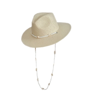 Straw sun hat with shell bead chain and windproof lanyard for beach vacation travel