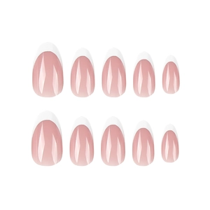 Classic white French tip press-on nails with natural pink base in glossy almond shape