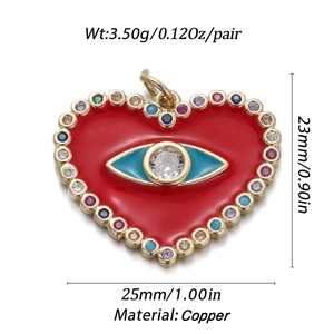 Detail of red enamel heart evil eye pendant with dimensions and copper material info
