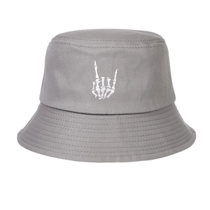 Detail of grey cotton bucket hat with white bone hand gesture embroidery and stitched brim