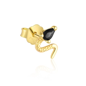Detail of 925 sterling silver snake stud earring with black zircon and gold plating