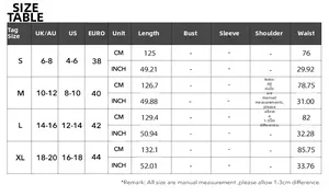 Size chart showing UK, US, and EU measurements for women's floral wide leg jumpsuit