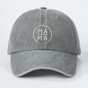 Fashionable washed grey baseball cap with white MAMA embroidery for outdoor sun protection