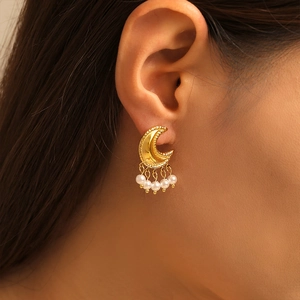 Elegant gold moon earrings with pearl tassels in minimalist titanium steel for women