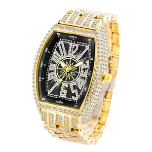 Luxury gold tonneau iced-out men's watch with crystal compass dial and studded band